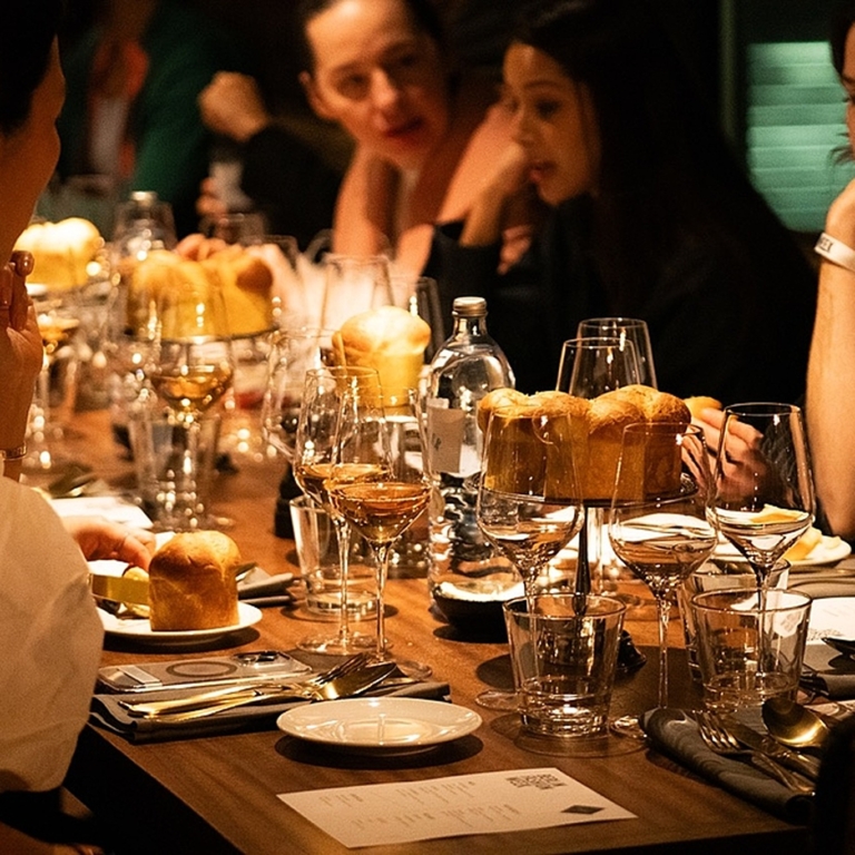 Dinner table at Crackers with bread, candles and wine glasses